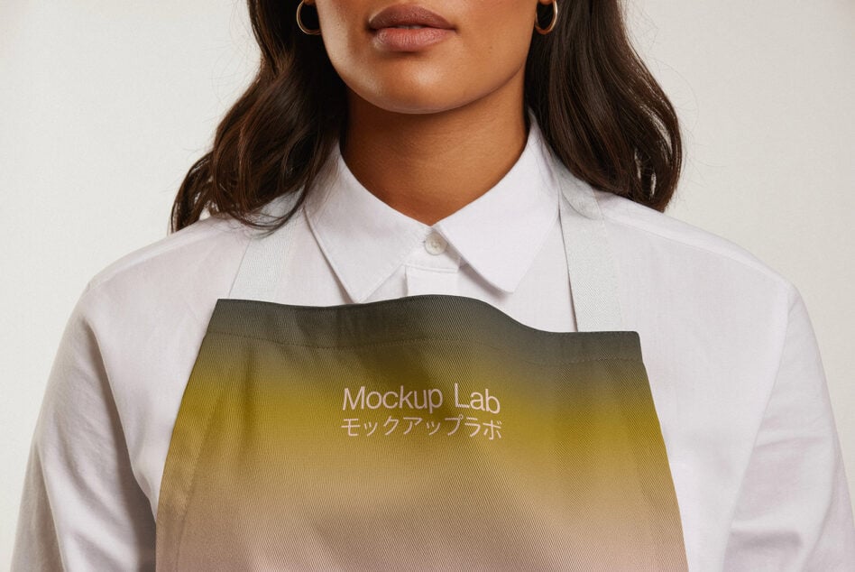 Woman in white shirt holding gradient fabric apron mockup in gold tones