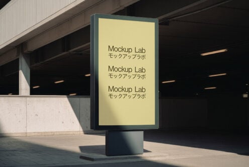 Outdoor advertising mockup featuring a large vertical poster display in an urban setting ideal for designers showcasing billboard graphics templates.