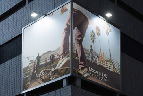 Building corner with skateboarding billboard mockup. Urban outdoor advertising design for digital assets. Ideal for designers and marketers.