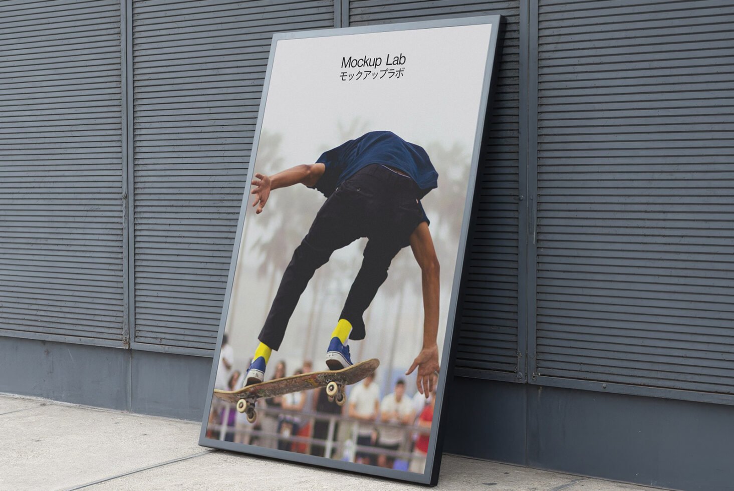 Urban framed poster mockup featuring a skateboarder mid-air leaning against a gray wall suitable for showcasing creative designs and prints