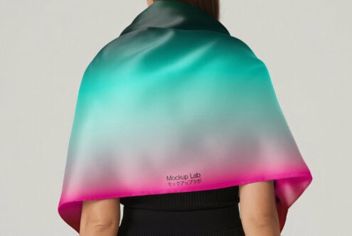 Gradient silk scarf mockup with vibrant colors in teal and pink draped over shoulder. Ideal for fashion design presentations and textile templates.