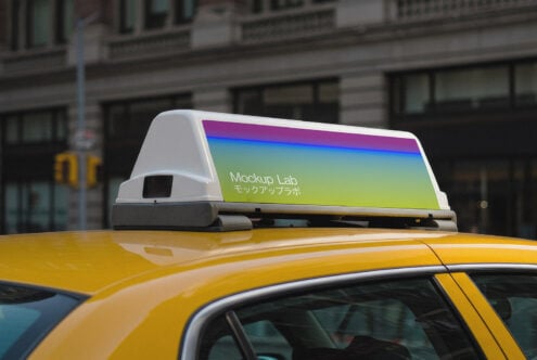 Taxi roof sign mockup on city street background with gradient design and text Mockup Lab great for advertising designers and branding mockups SEO friendly