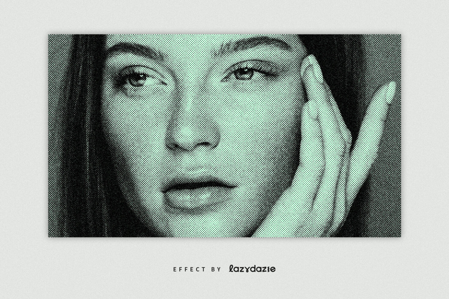 Halftone photo effect on portrait of a person with hand on the face in cyan and black tones perfect for graphic design templates and creative projects
