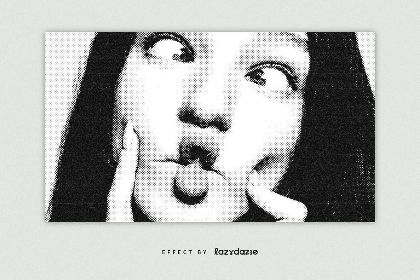 Pop art halftone effect on woman's playful portrait, suitable for designers. Black and white comic style graphic for creative digital projects and mockups.