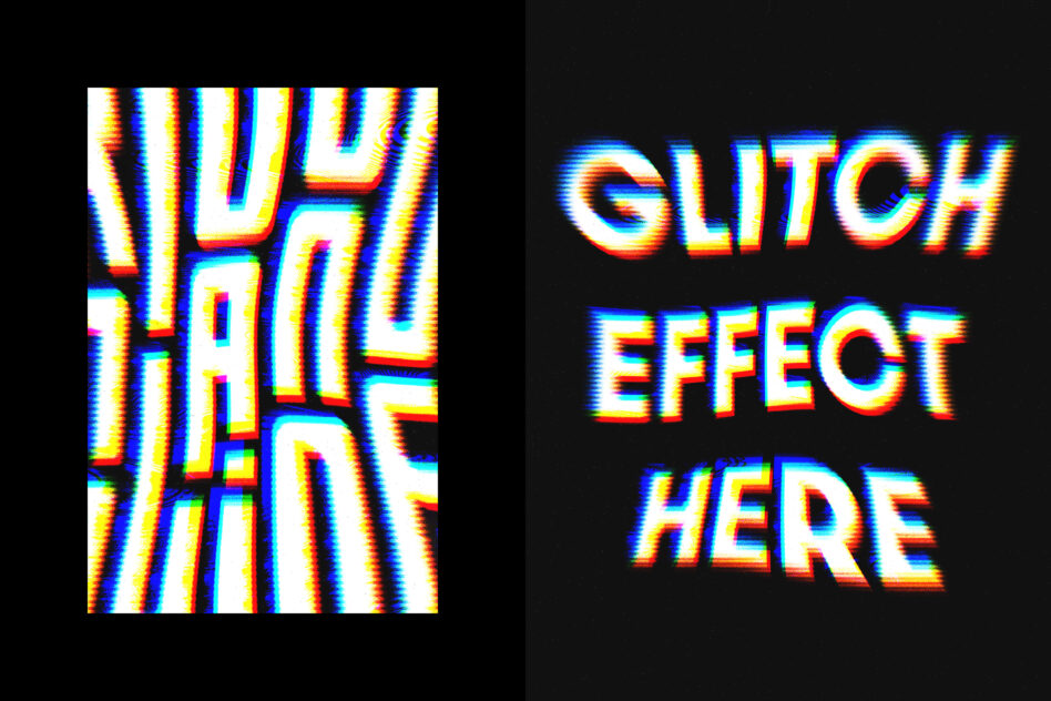 Vertical striped glitch pattern on left, GLITCH EFFECT HERE text with neon chromatic fringing right