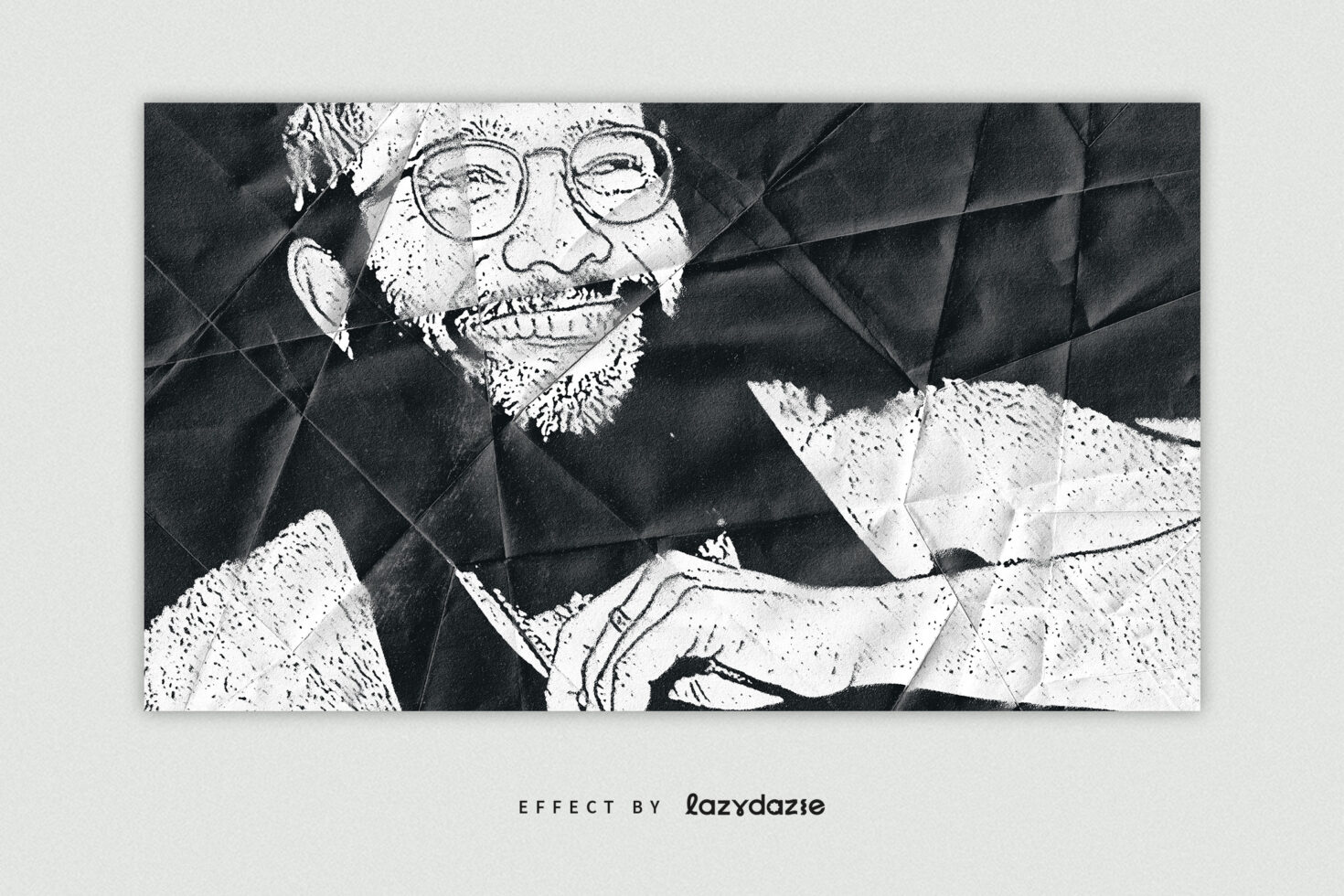 Crumpled paper effect portrait mockup for designers featuring high contrast black and white style suitable for digital graphics and creative projects.