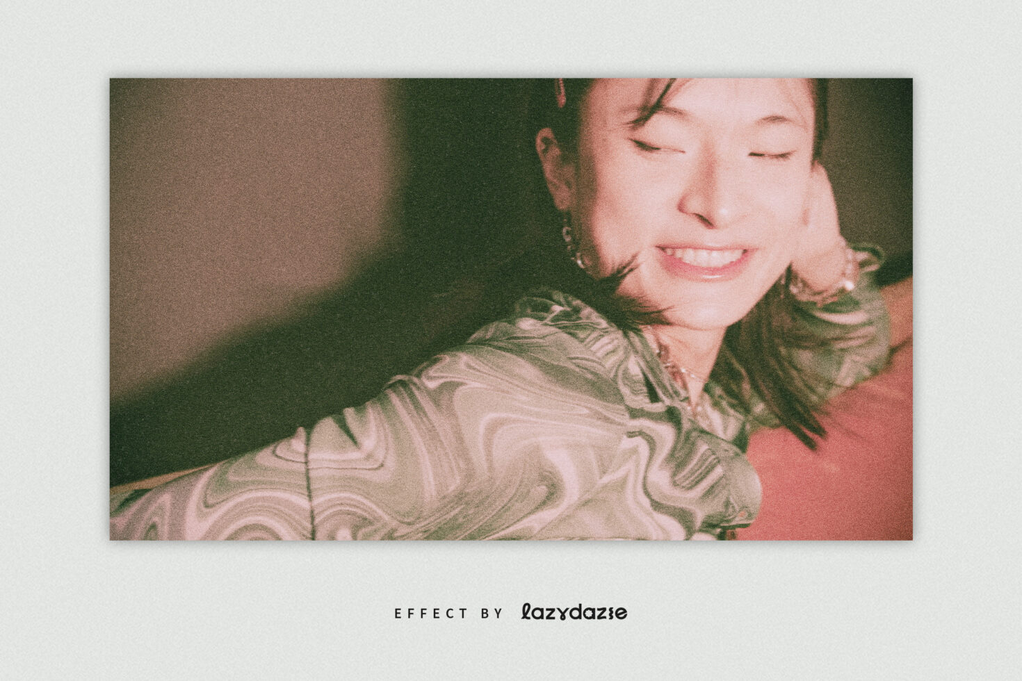 Vintage photo effect with a smiling person wearing a patterned shirt suitable for mockups or graphic design projects. Retro filter enhances mood.