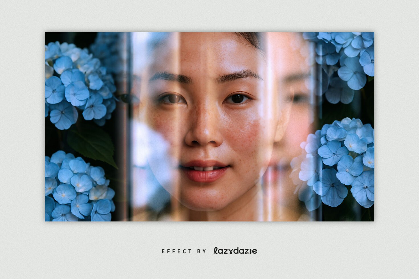 Double exposure effect with woman face and blue hydrangeas. Ideal for graphic design templates, creative mockups, artistic photography resources.