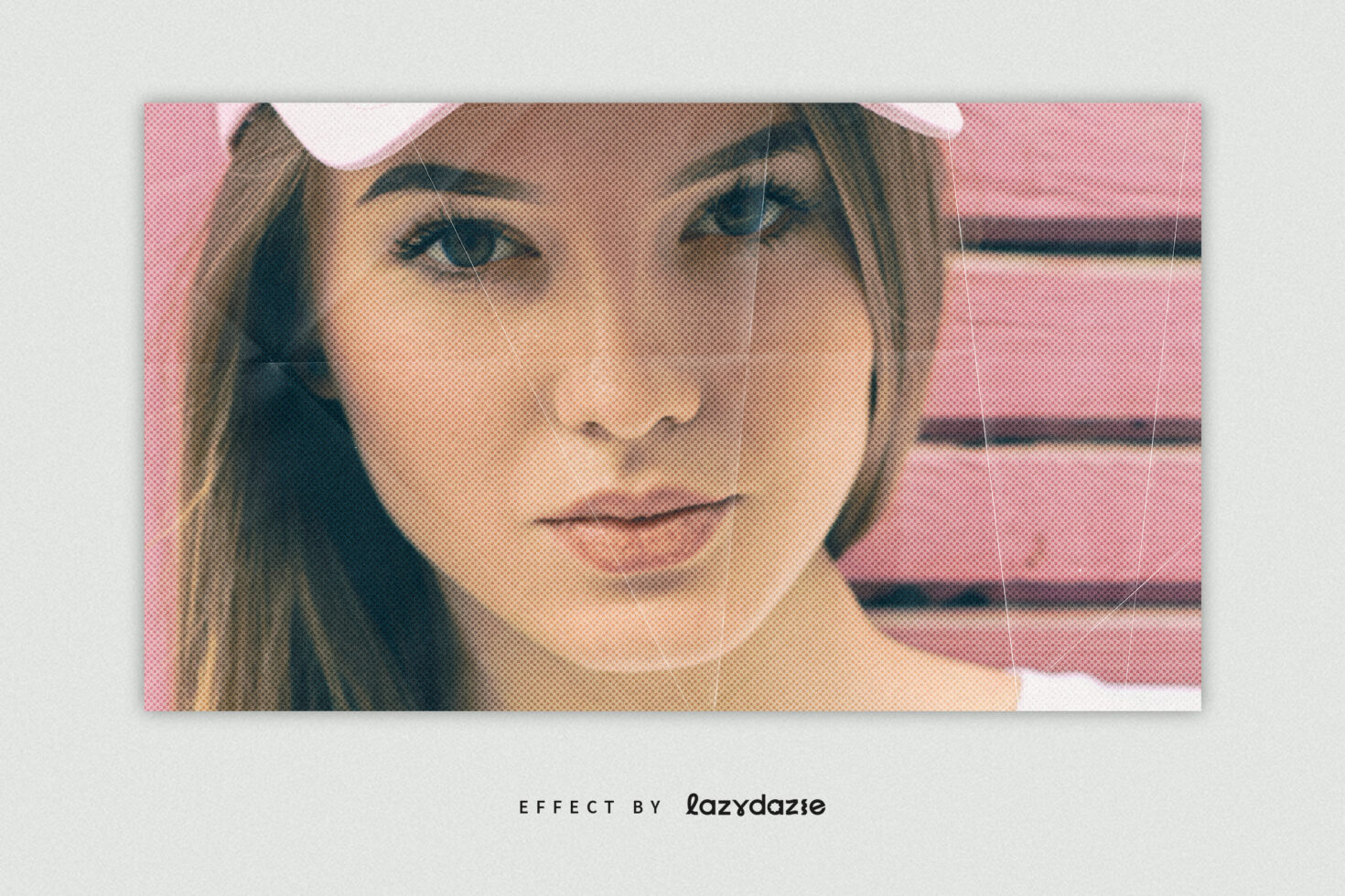 Portrait of a woman with halftone filter effect on a pink wooden background, ideal for design mockups, graphic templates, digital editing, and photo effects.