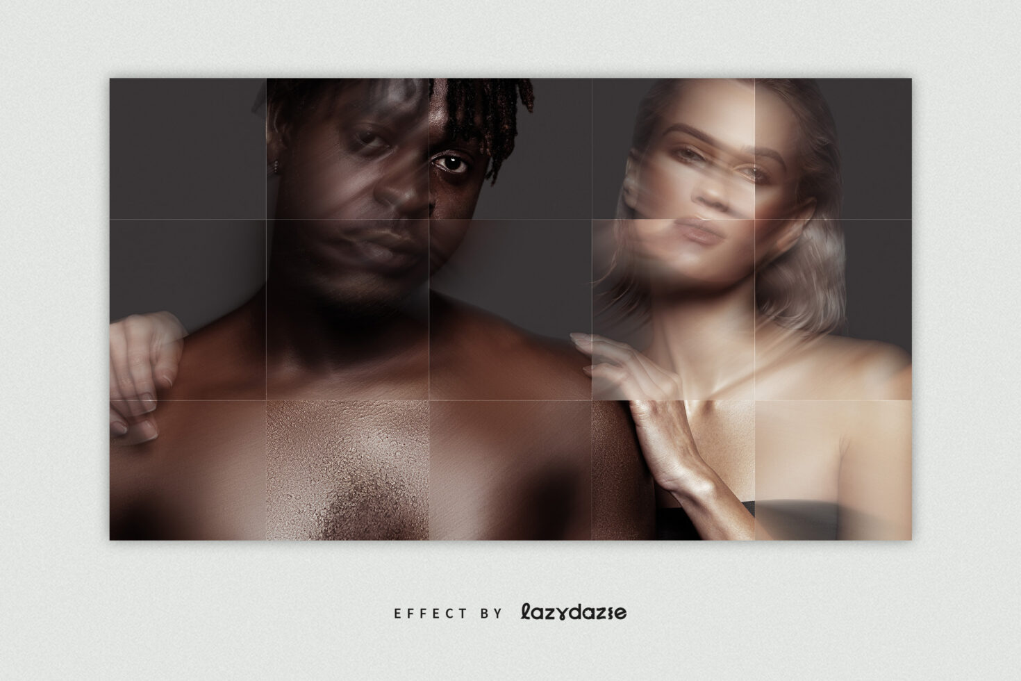 Blurred abstract portrait mockup showcasing two people with a digital smudge effect in a grid layout. Ideal for digital art projects and design presentations.