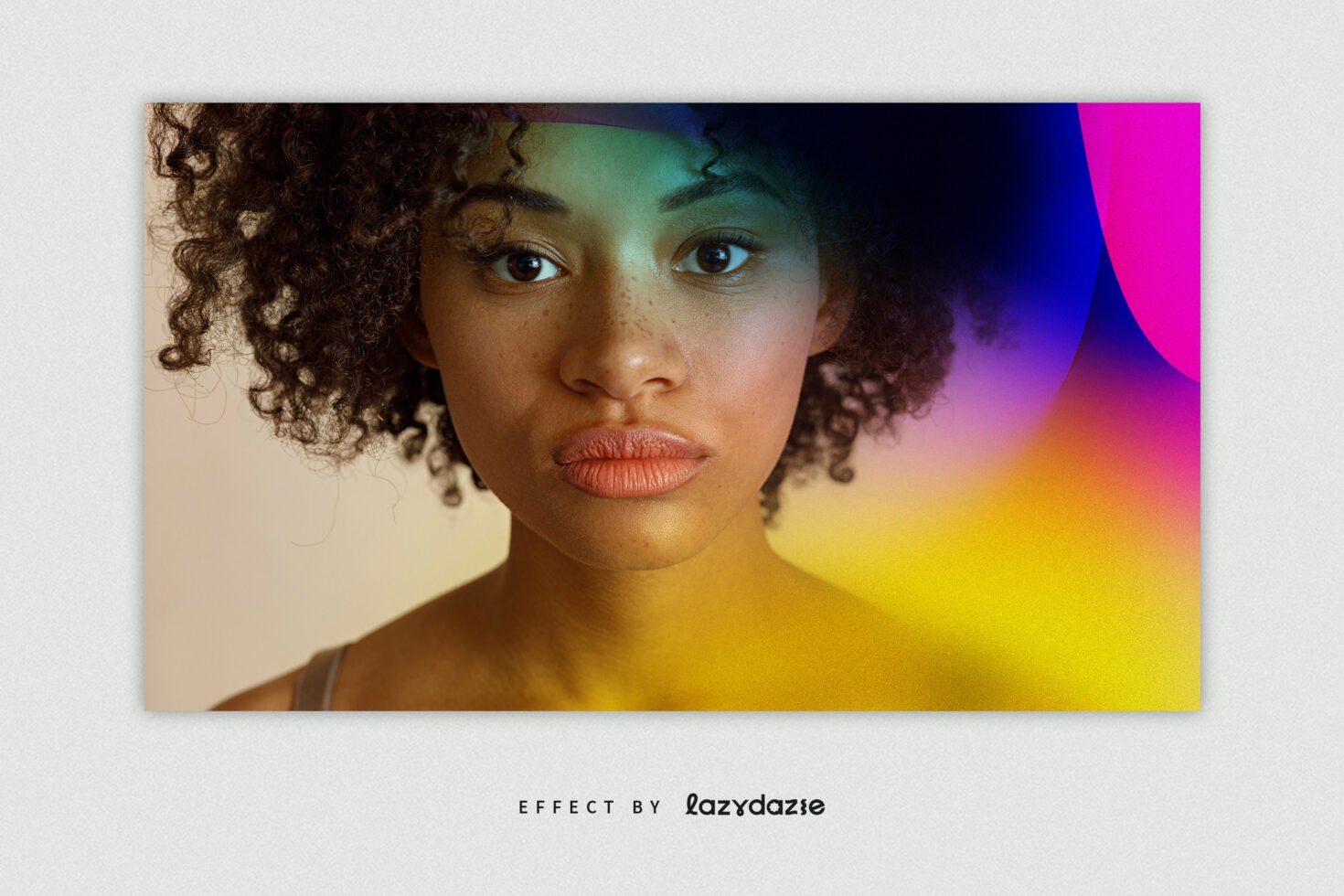 Portrait of a woman with curly hair enhanced by colorful gradient overlay; suitable for digital design; keywords: graphics, effects, visuals, designers.