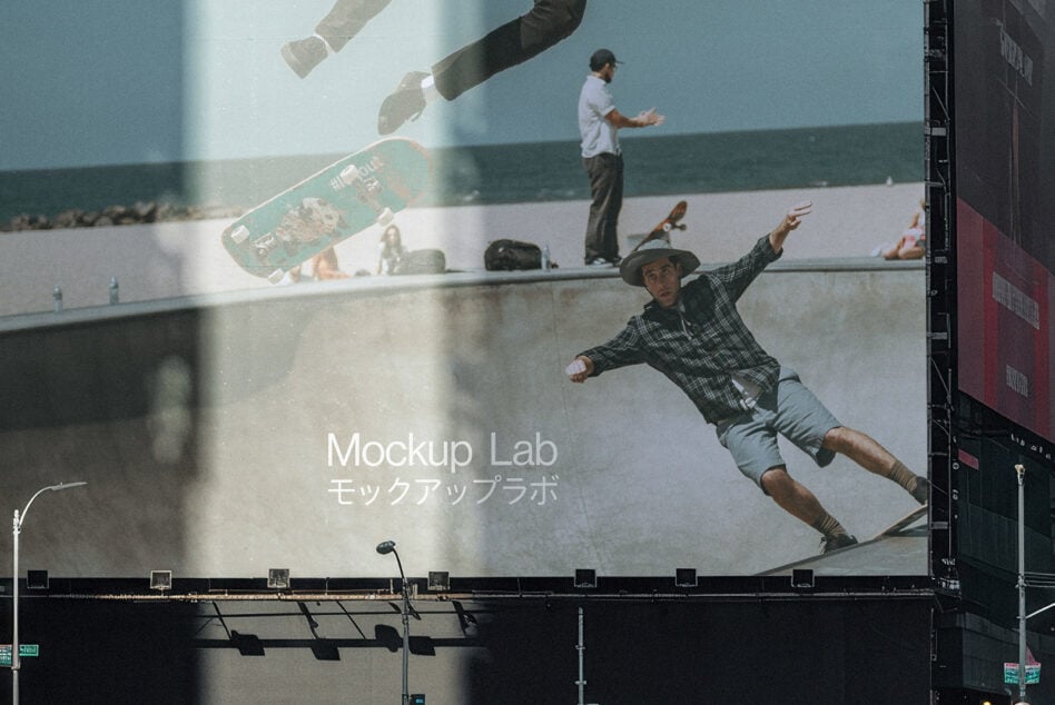 Skateboarder flying in mid air on oversized billboard with Japanese text overlay
