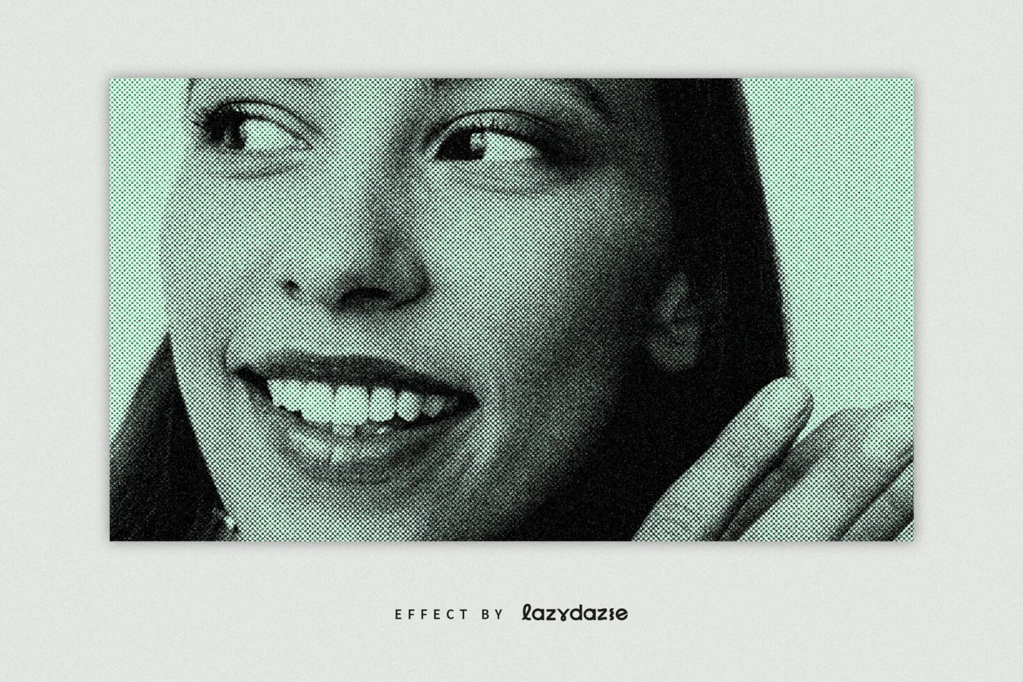 Retro halftone graphic of a smiling woman in teal monochrome suitable for mockups or design projects by Lazydazie. Perfect for designers.