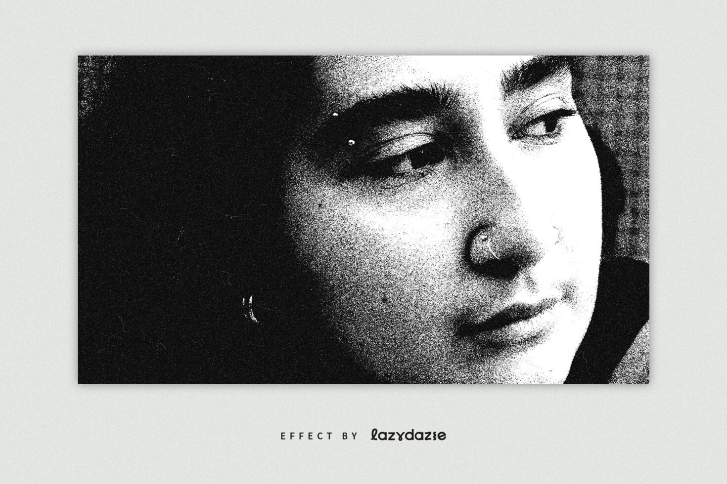 Black and white halftone portrait with grainy texture. Perfect for graphic design projects. Retro, vintage, artistic photo effect for designers.