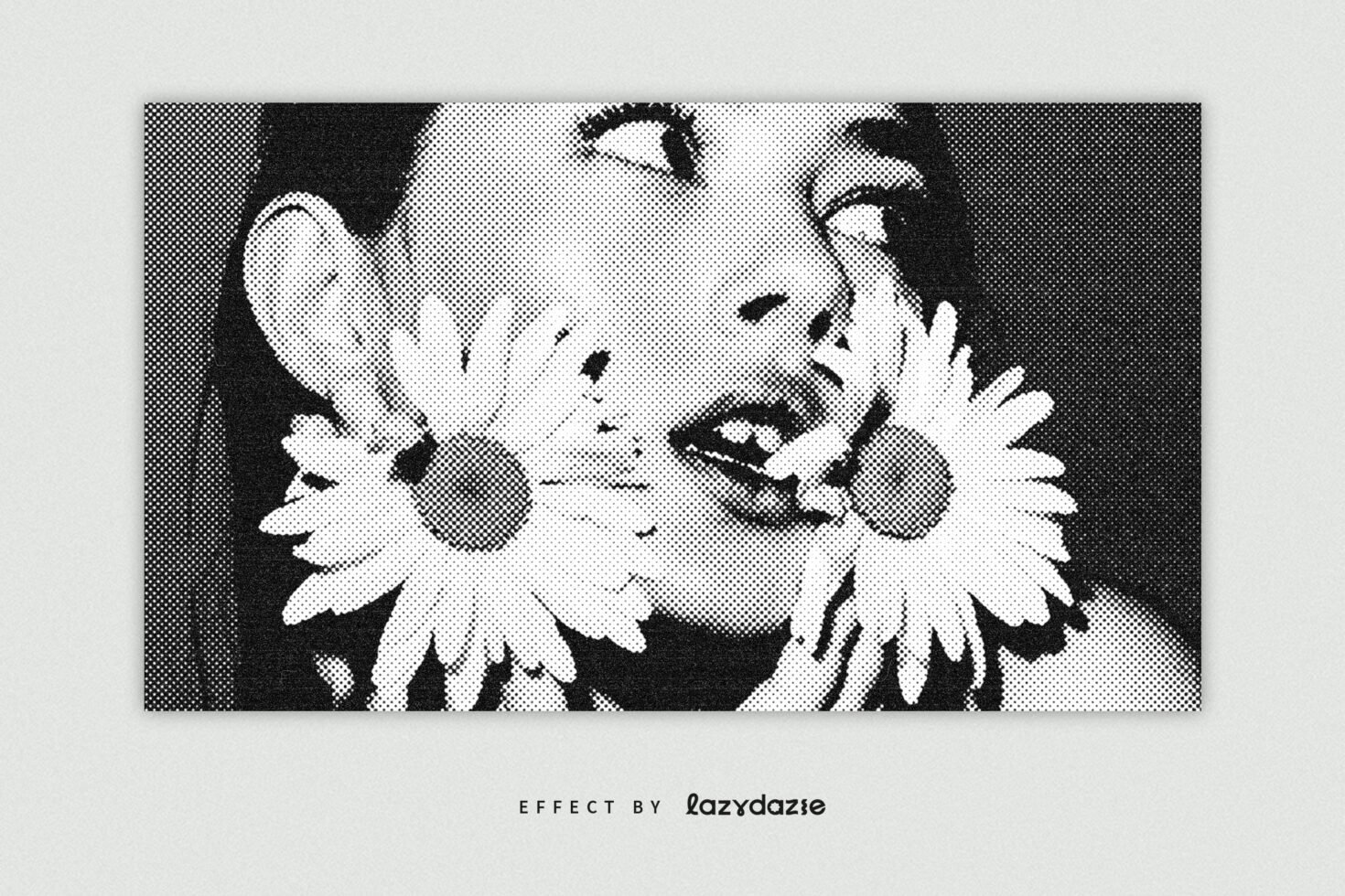 Black and white halftone graphic of a woman's face with daisies. Ideal for digital design projects. Keywords: halftone effect, graphic, design resources.