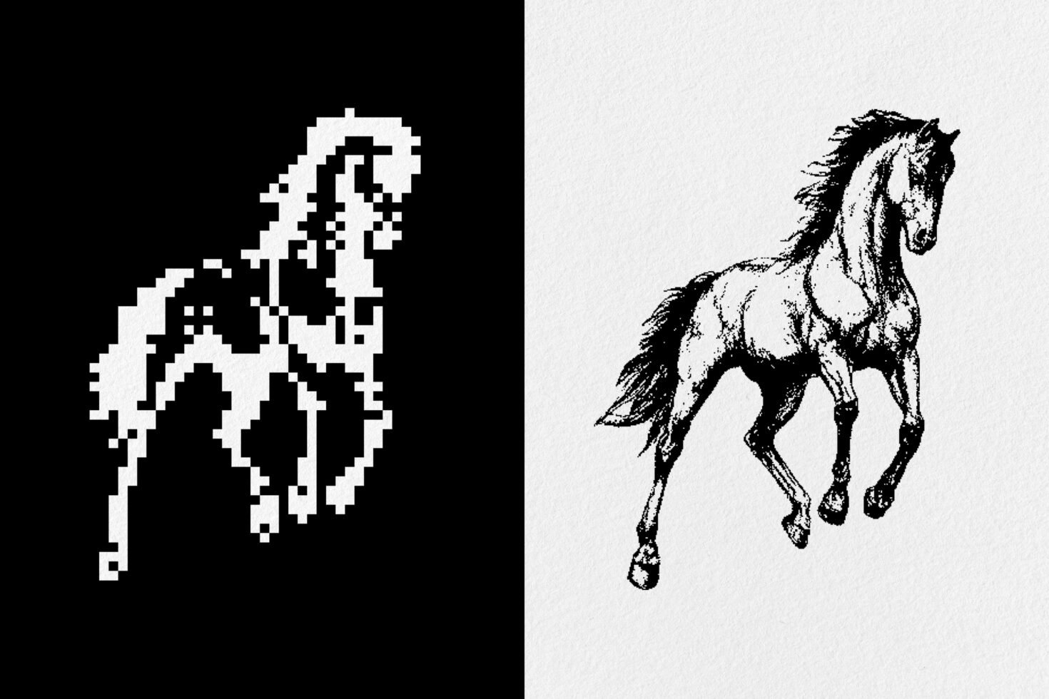Pixelated horse on black background and detailed sketch of a horse on white. Perfect for designers seeking unique graphics and art assets.