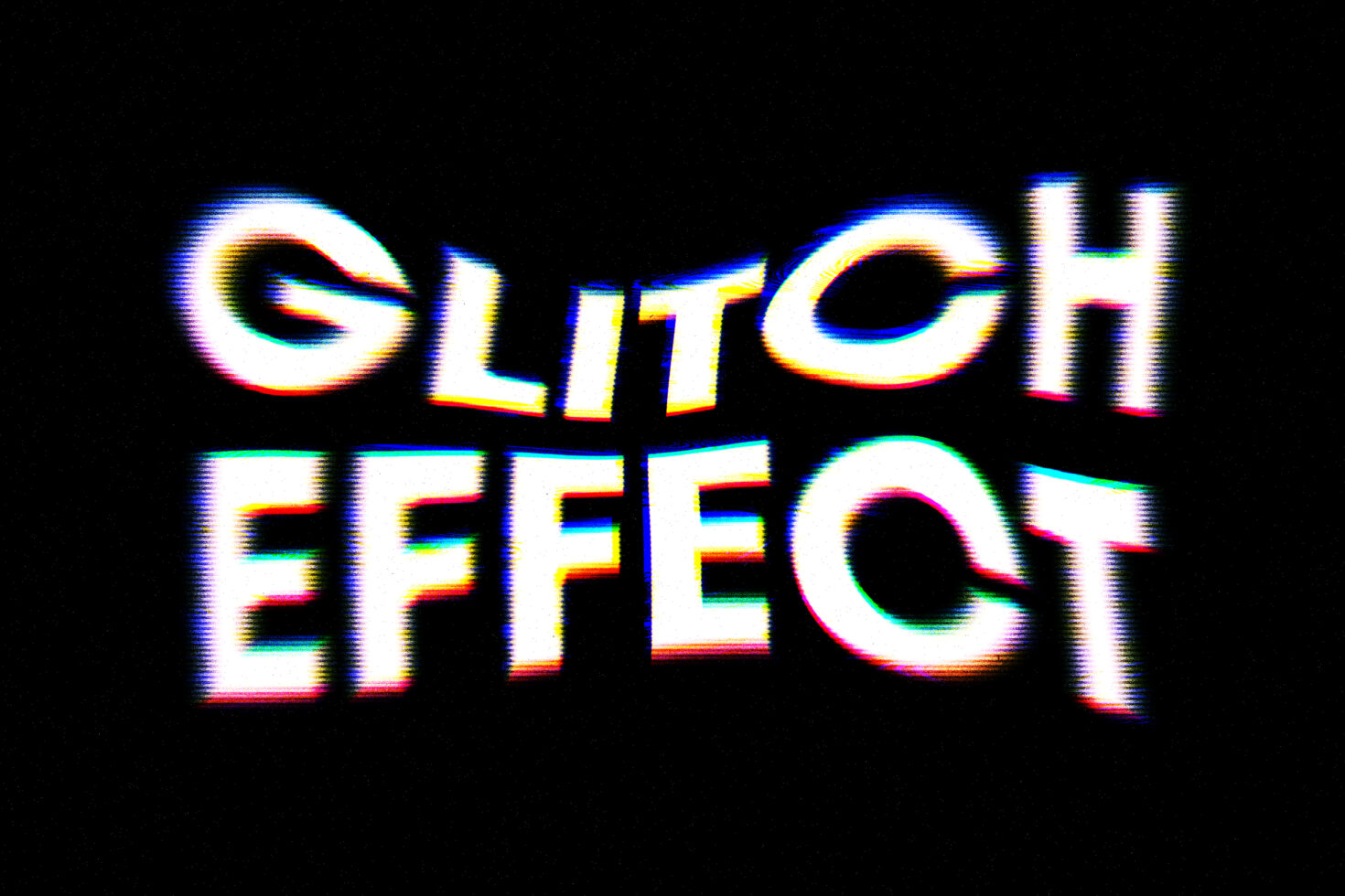 Glitch effect text design with distorted typography on a black background. Perfect for graphic templates and digital art projects. Retro vintage style.