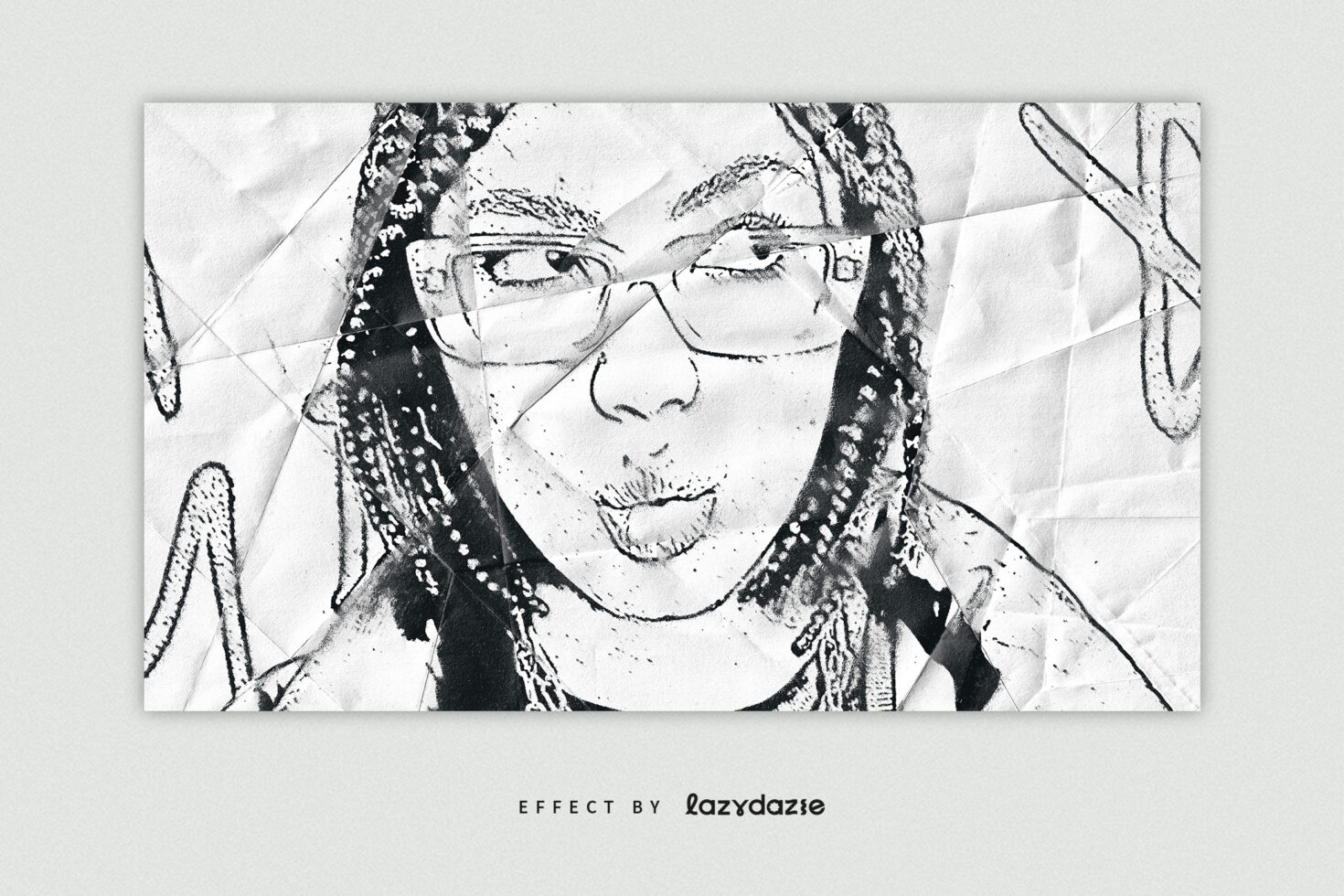 Crumpled paper sketch effect template featuring a stylized monochrome portrait with glasses ideal for graphic design mockups and creative projects
