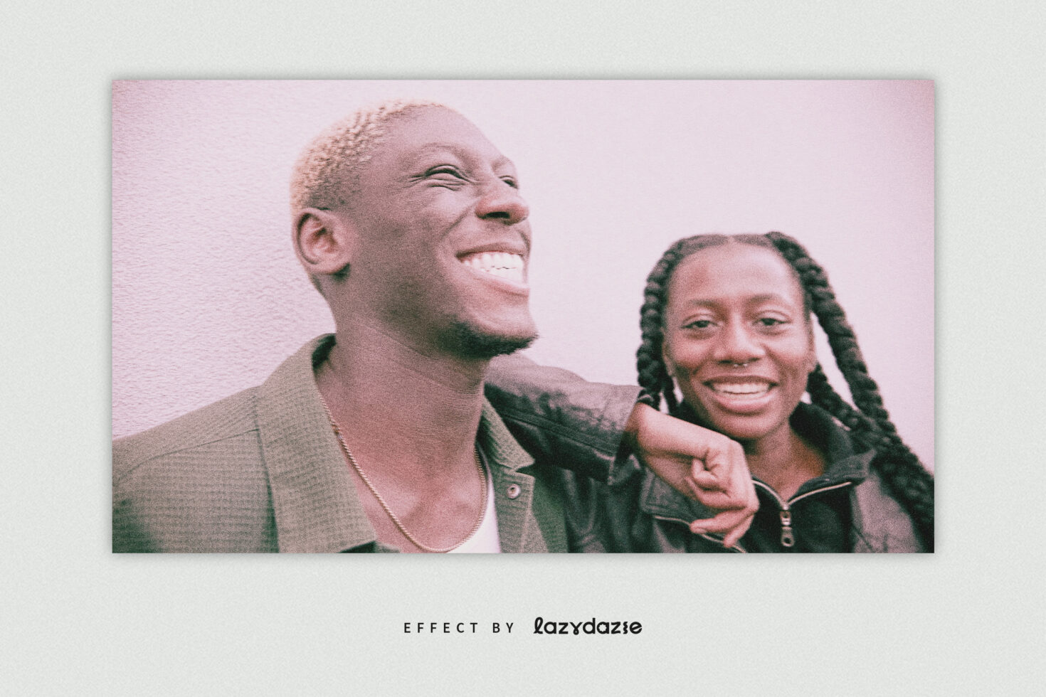 Vintage style photo effect featuring two people smiling with a retro filter applied. Perfect for adding a nostalgic touch to graphic design projects.