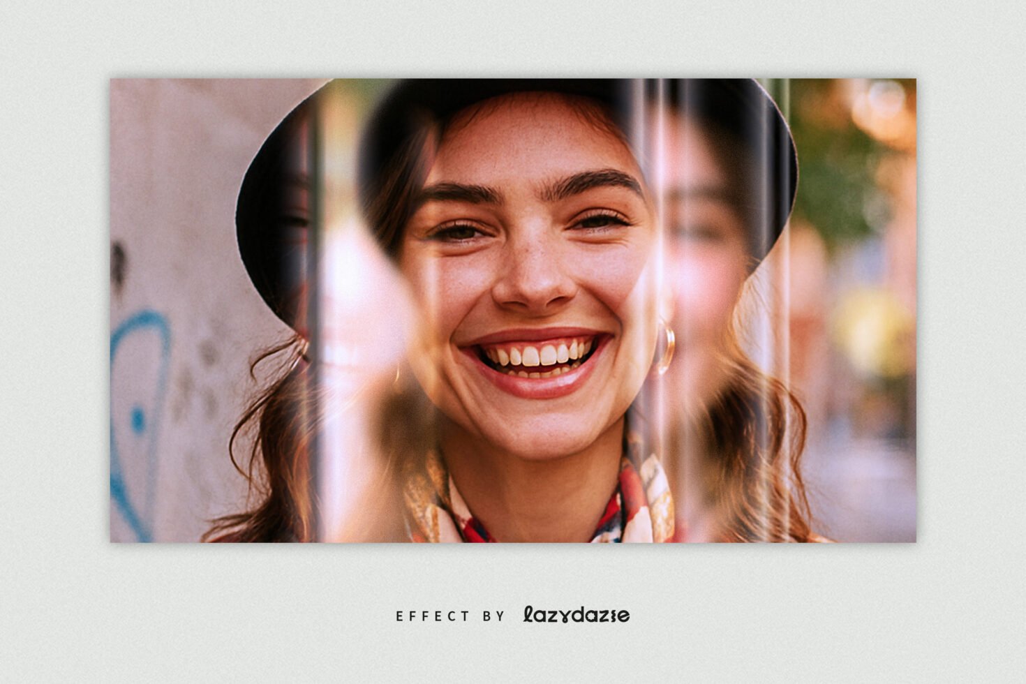 Smiling woman with prism effect and blurred background creating abstract portrait ideal for graphic design projects and visual design mockups.