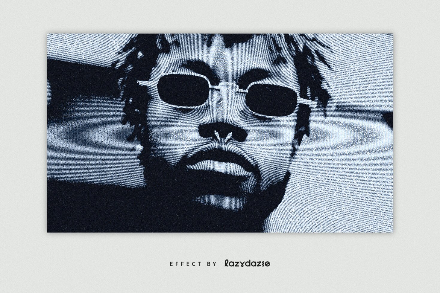 Halftone portrait effect of a person with sunglasses and piercings, ideal for graphic design projects. Perfect for artistic templates and digital assets.