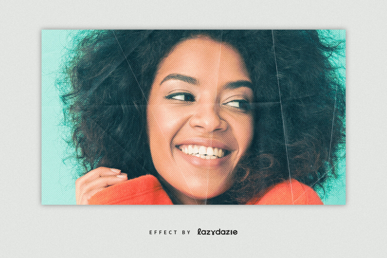 Smiling woman with textured photo effect on turquoise background. Ideal for graphic design, photography, creative projects. Digital asset for designers.