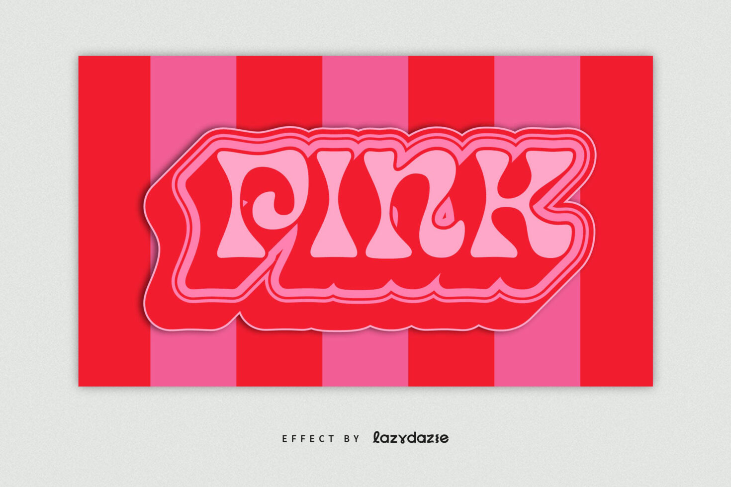 Bold pink retro text effect on a vibrant red and pink striped background perfect for graphic designers and template creators seeking 70s style aesthetics.
