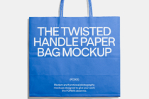 Blue tote bag mockup with shadow on light gray background
