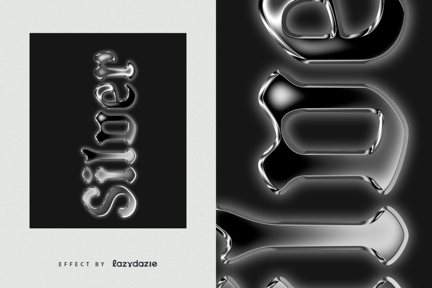 Digital graphic showcasing silver chrome text effect on a black background, suitable for designers. Keywords: Fonts, Graphics, Text Effect, Chrome Finish.