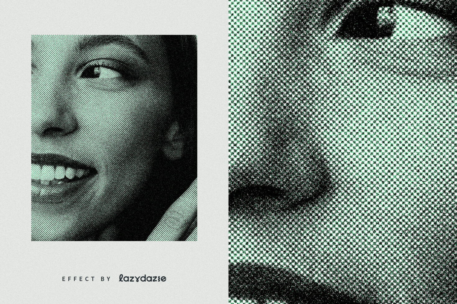 Halftone portrait effect showcasing a close-up of a face; ideal for designers seeking vintage-style photo effects. Perfect for templates and graphics.
