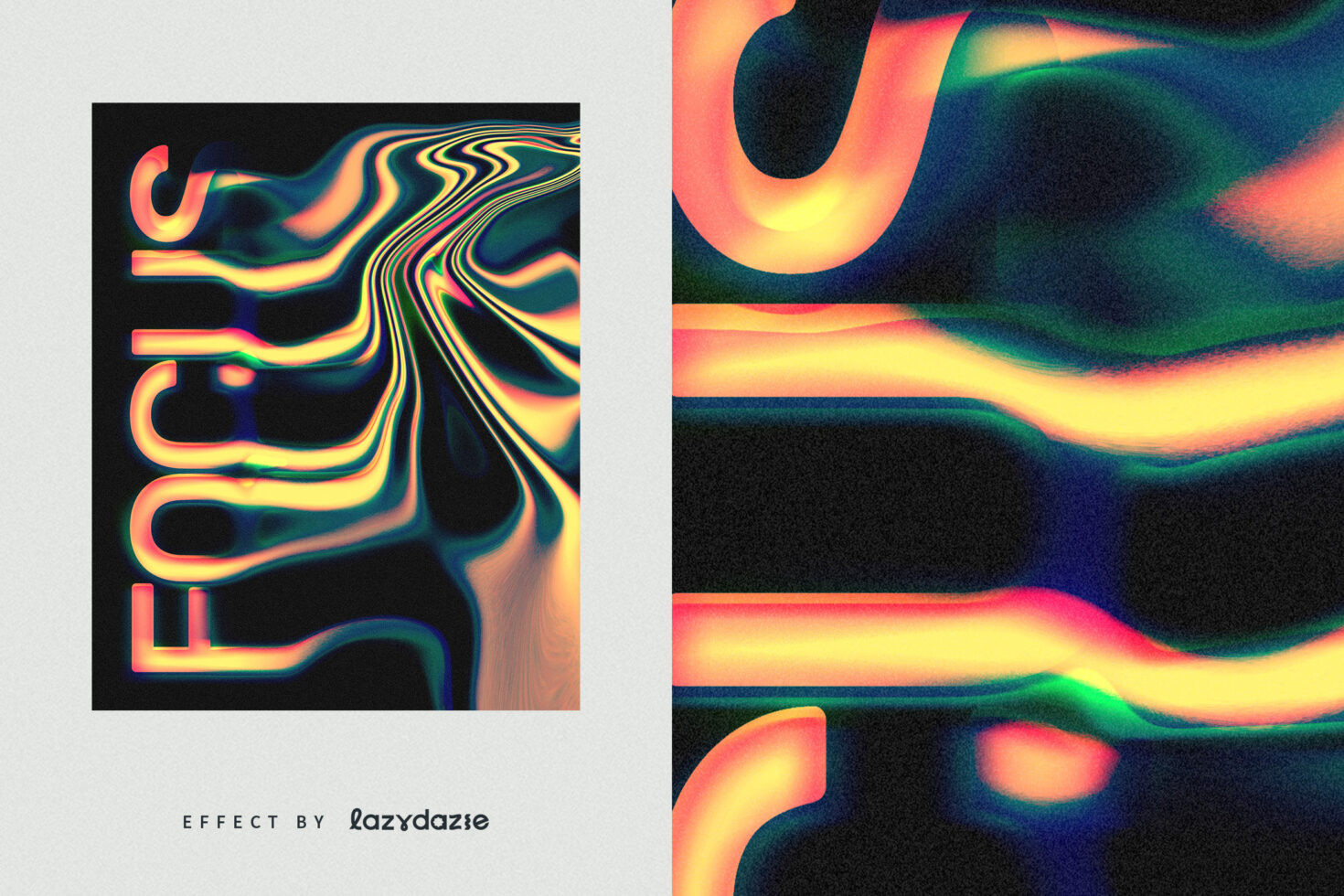 Abstract wavy neon design featuring the word Focus with vibrant colors. Ideal for digital assets, graphics, and creative templates for designers.