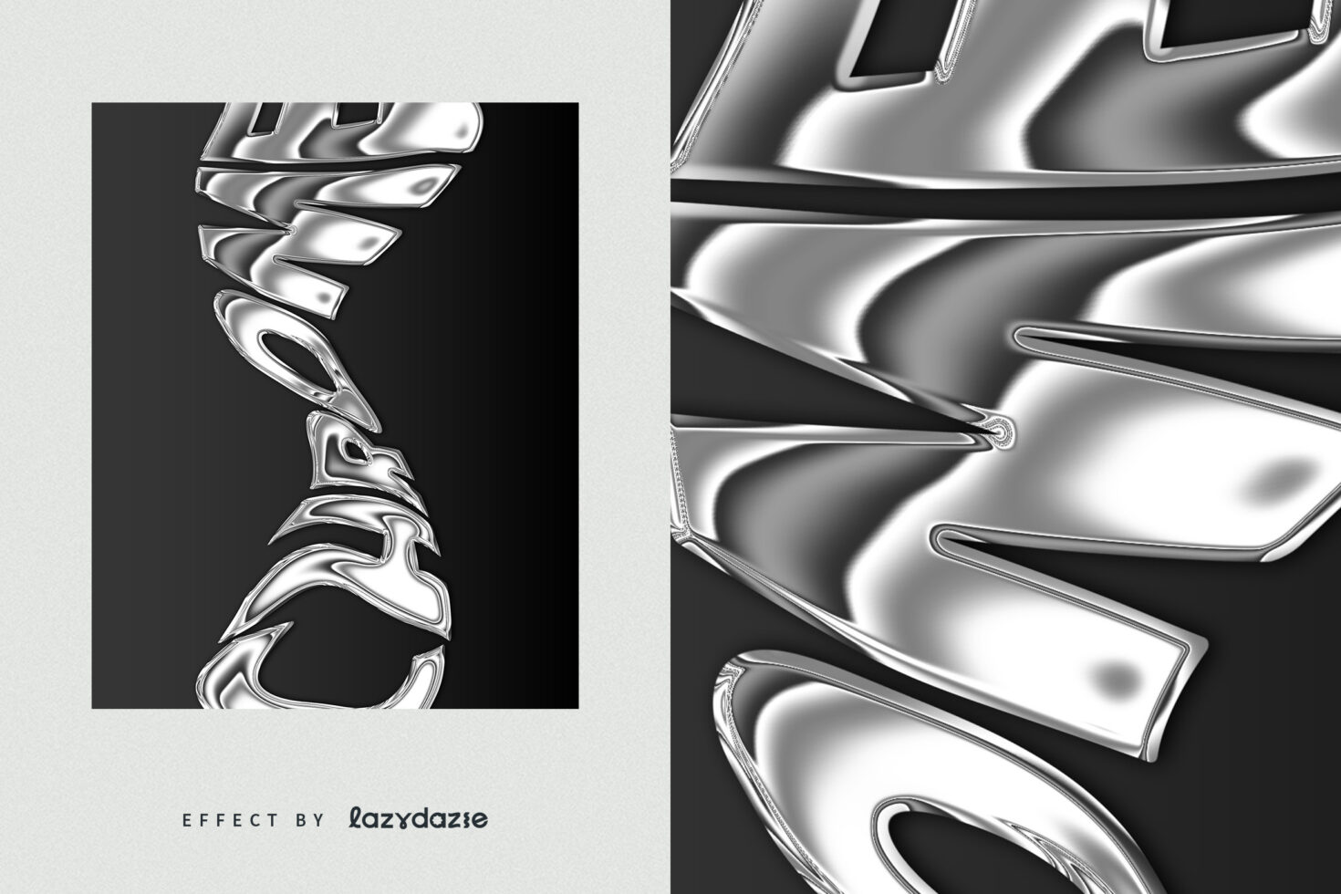 Distorted chrome text effect on black background suitable for graphic design projects sleek metallic style typography abstract design resource