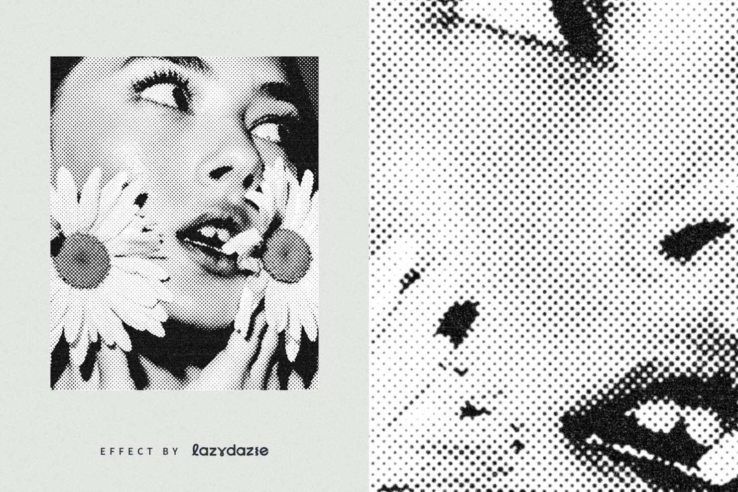 Halftone graphic effect showcasing a woman's face with daisies, ideal for design mockups, pop art projects, and digital art templates for designers.