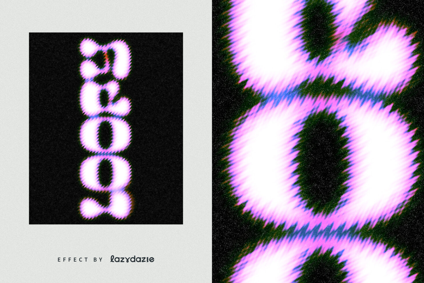 Fuzzy retro font effect with vibrant neon colors on black background. Perfect for digital design projects. Mockup suitable for designers seeking unique graphics.