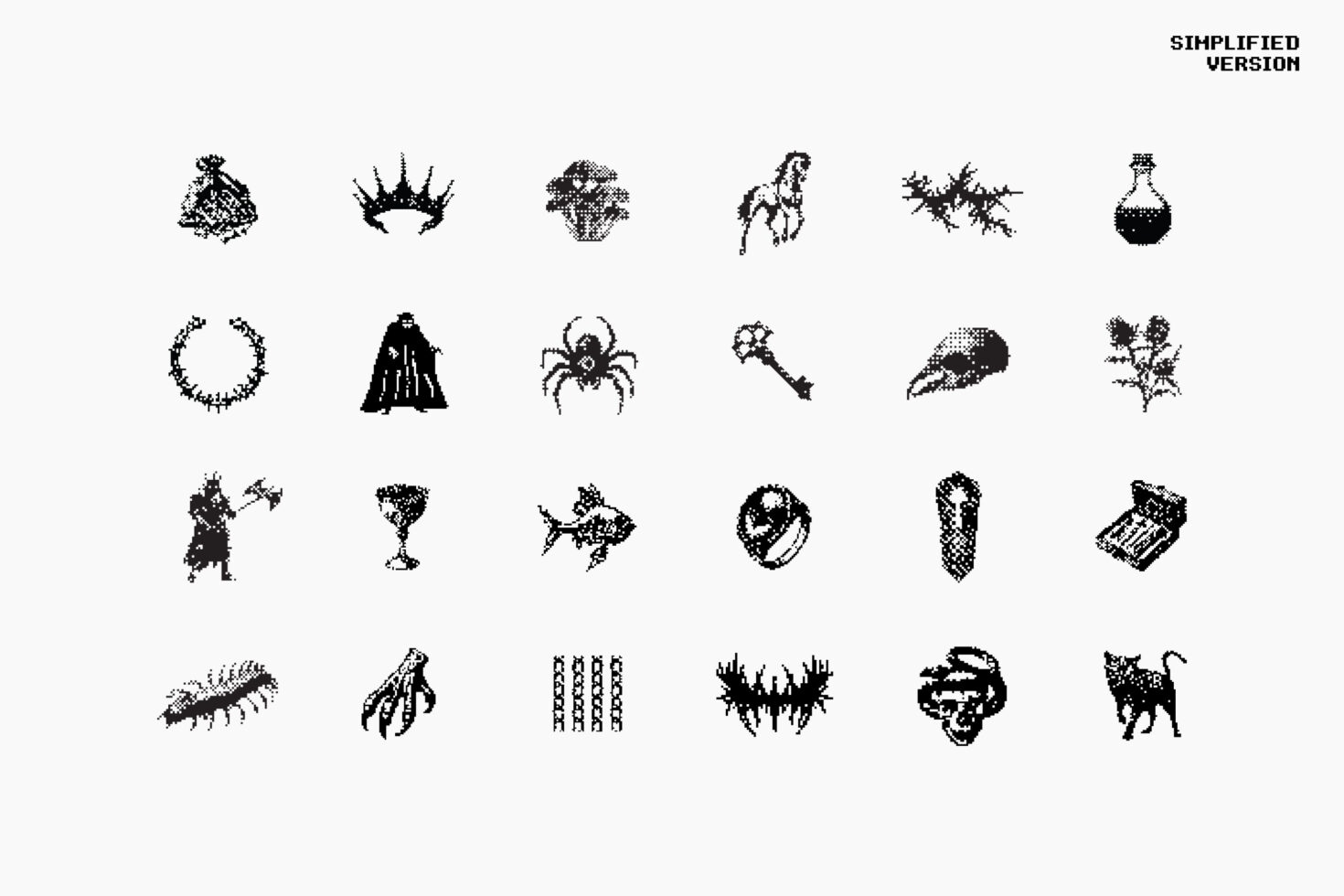 Collection of pixel art icons featuring fantasy elements like crowns, animals, weapons for designers. Use in graphic design projects and templates.