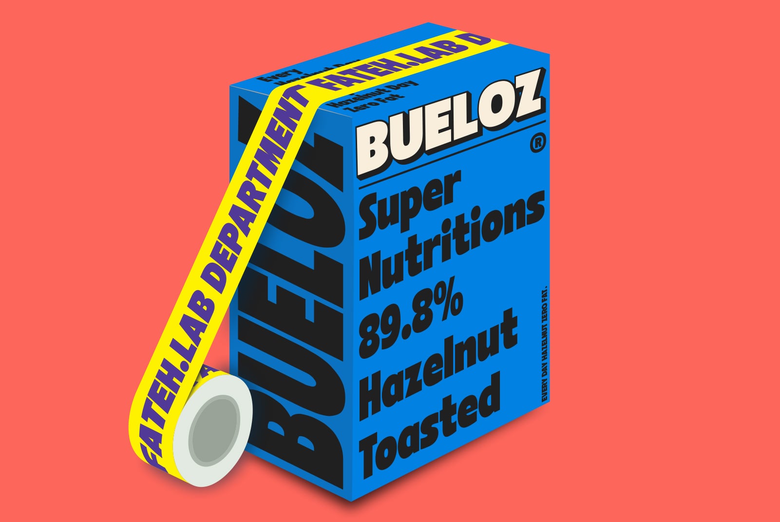Blue box packaging mockup with hazelnut flavor label on coral background