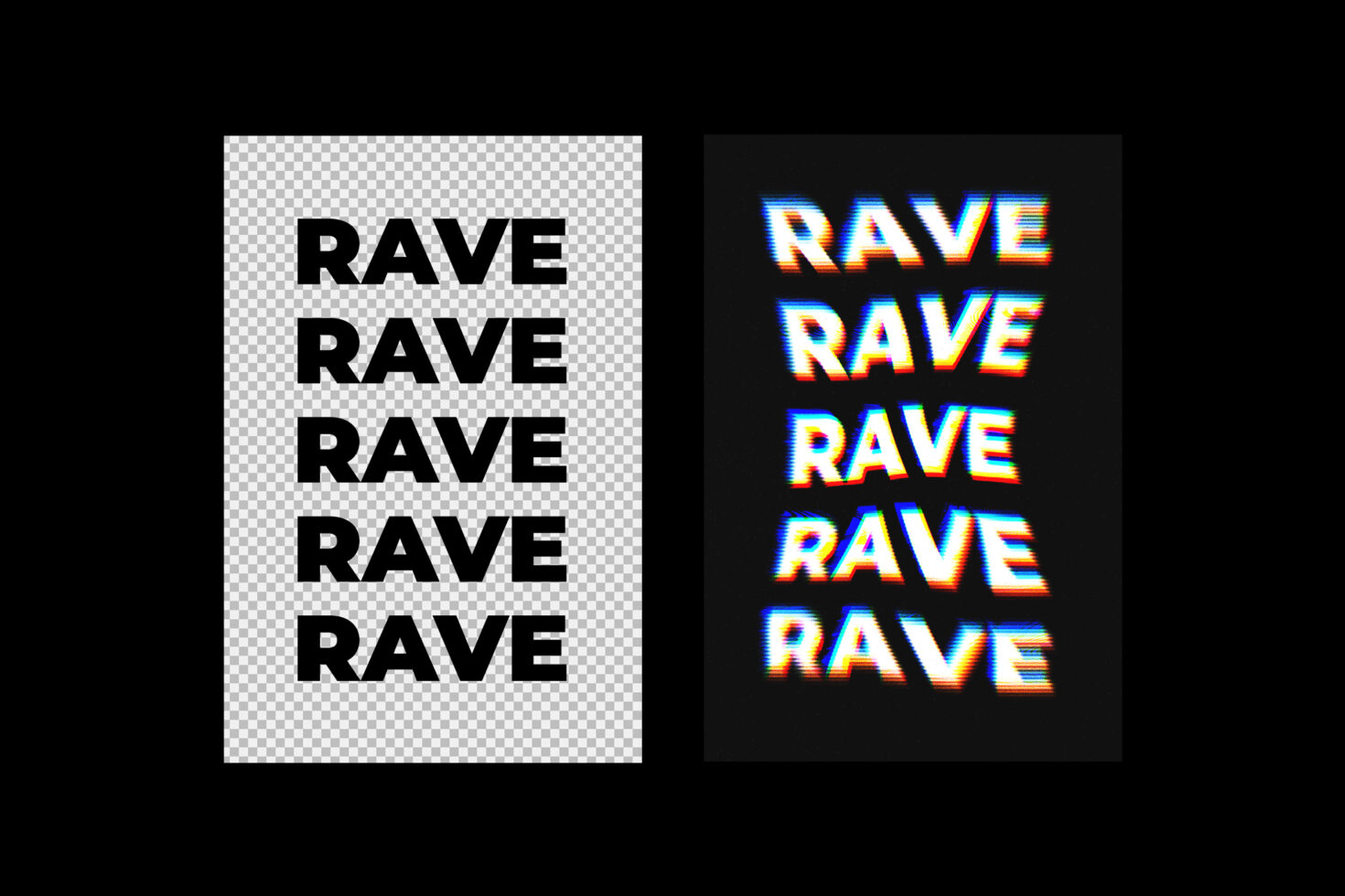 Rave text graphic effect comparison black and white on left colorful 3D blurry on right for designers typography templates digital assets overlays
