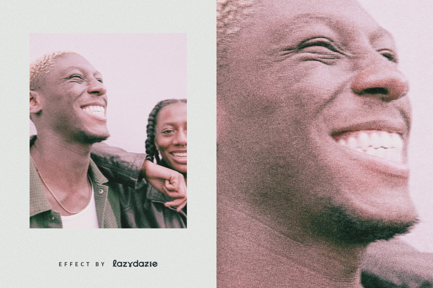 Grainy photo effect on two people smiling used for mockups or graphics. Ideal for designers seeking retro aesthetic with vintage filter vibe.