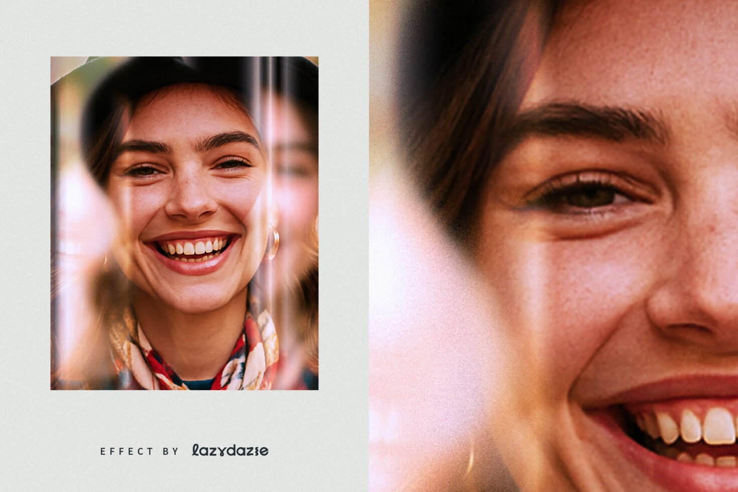 Smiling woman in artistic photo effect with vibrant colors and motion blur. Ideal for graphics and mockups. Creative asset for designers seeking unique visuals.
