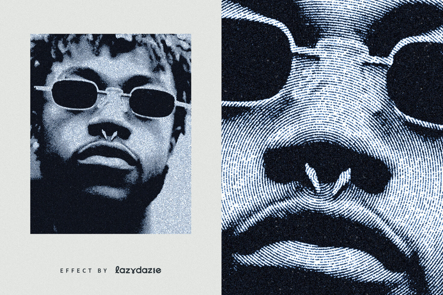 Halftone portrait effect graphic mockup featuring a person with sunglasses and septum, showcased by Lazydaze. Suitable for designers seeking unique templates.