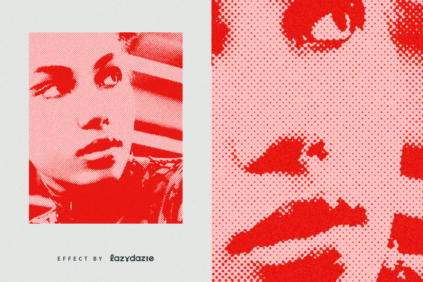 Halftone effect template in red tones featuring a dotted textured face design ideal for graphic designers seeking retro pop art styles and creative projects.