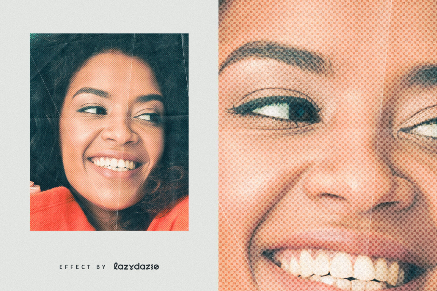 Close-up smiling woman with halftone retro effect. Perfect for graphic design projects, templates, and digital asset collections for designers.