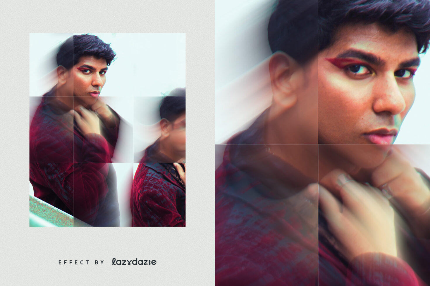 Blur effect graphic design featuring a man in red jacket with motion blur and grid overlay. Ideal for mockups, templates, creative projects.