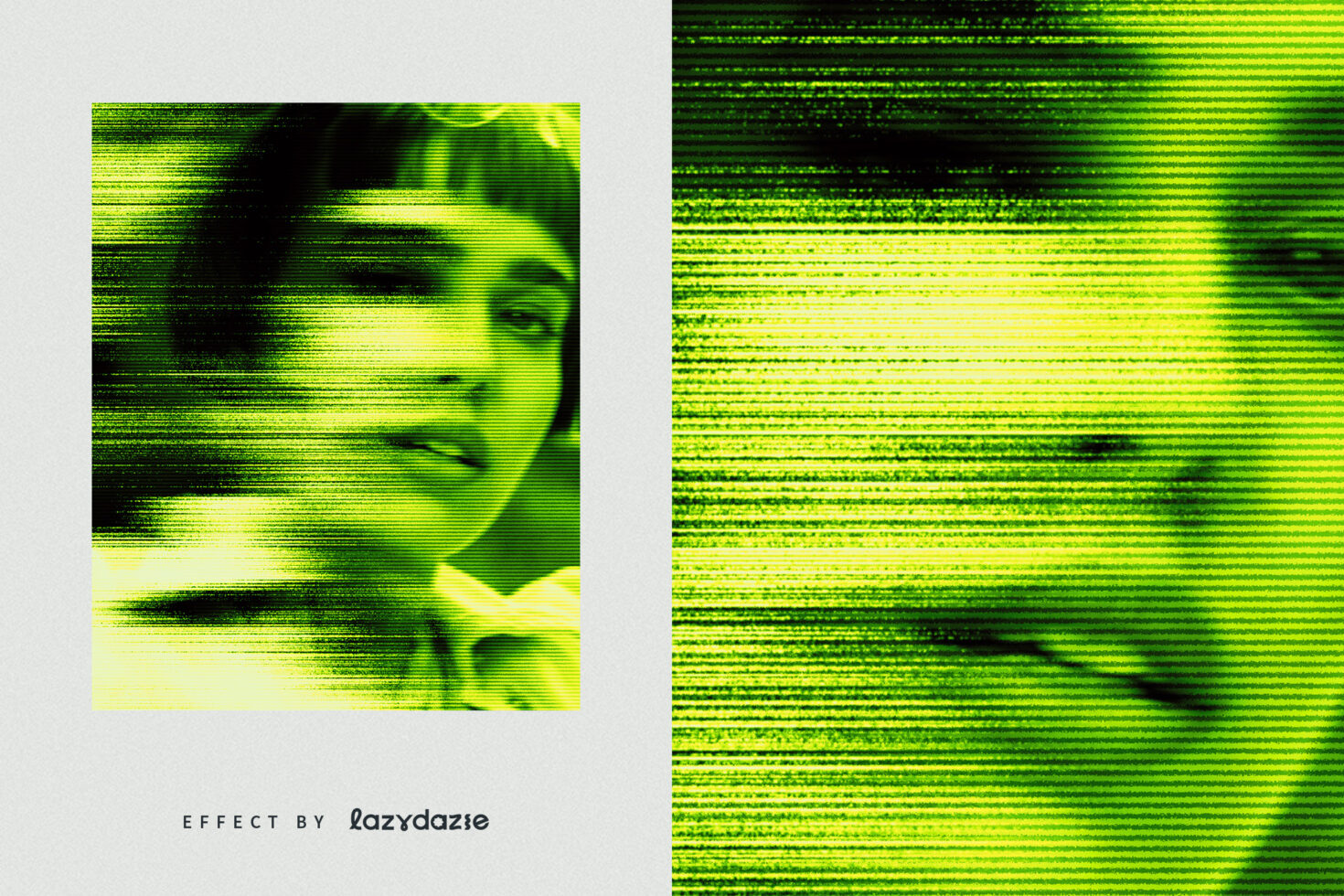Retro digital glitch effect on a black and green portrait featured in a graphic template for design projects in digital editing or photography.