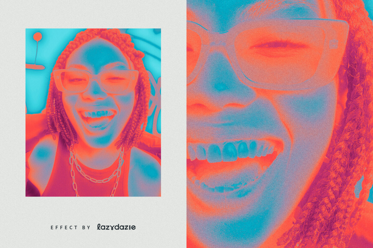 Vibrant duotone portrait effect showcasing a joyful expression with abstract neon filters ideal for graphic designers and digital art projects.