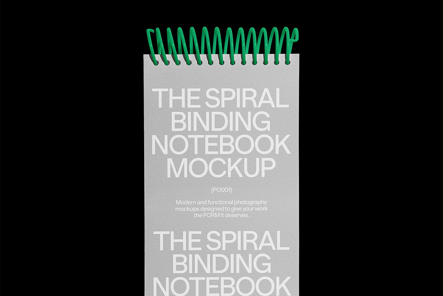 Spiral binding notebook mockup with modern design on black backdrop ideal for showcasing stationery layouts and designs perfect for graphic designers.