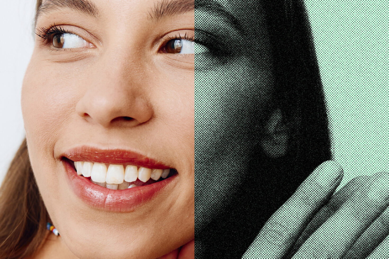 Close-up of a woman's face split between natural color and halftone effect ideal for mockup templates or graphic design projects focusing on visual contrast