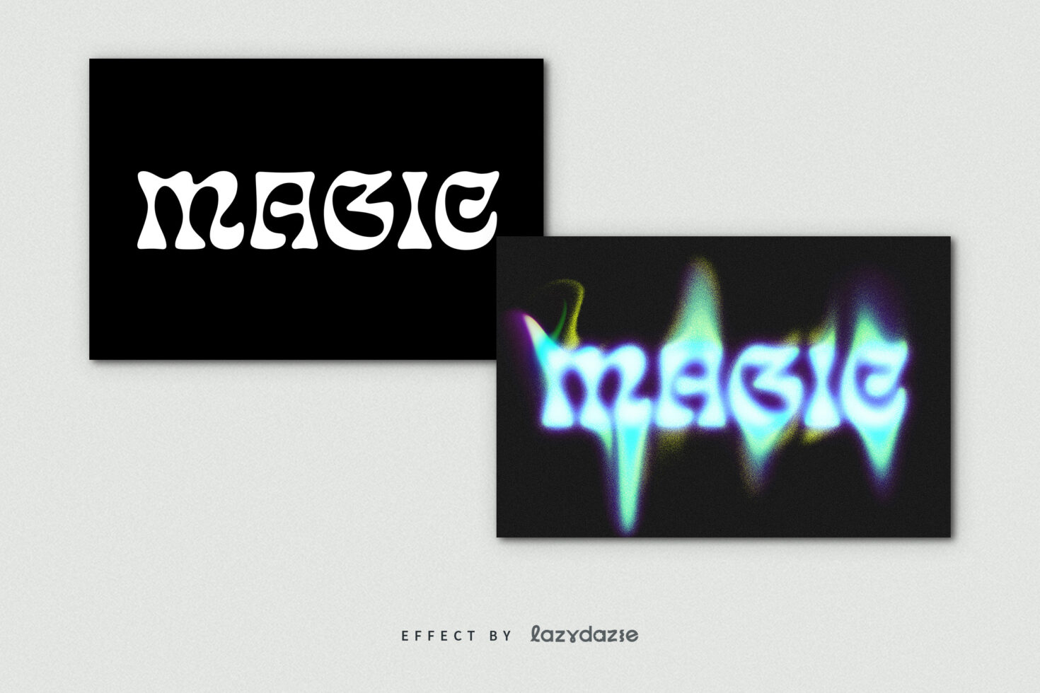 Magic-themed text effect featuring warped typography in black and white alongside a vivid, abstract glowing version, ideal for graphic design projects.
