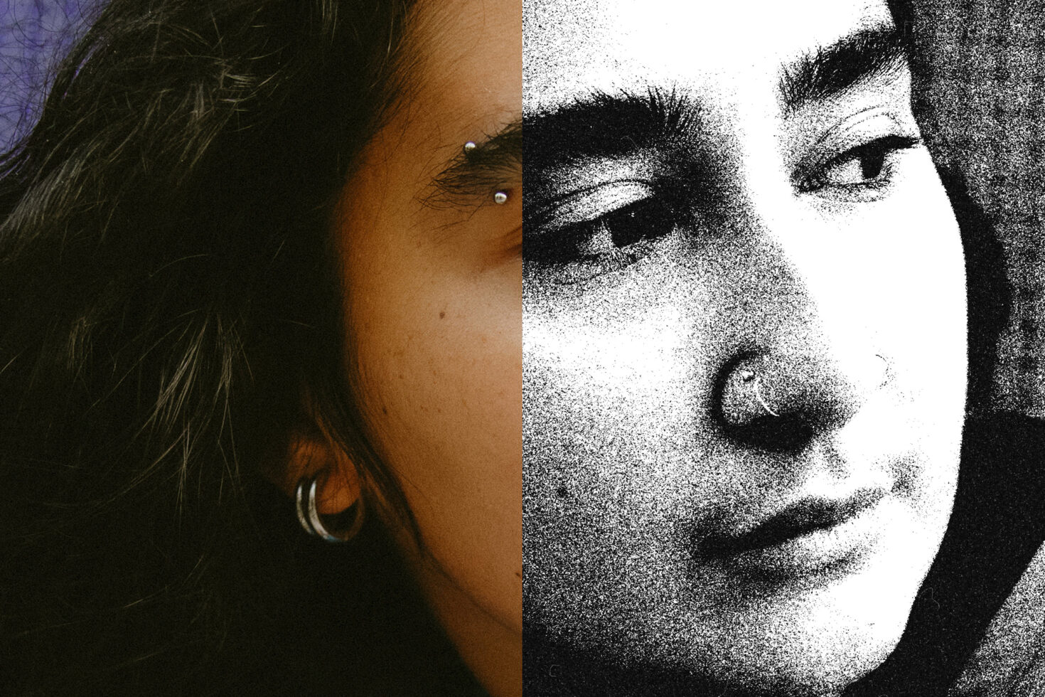 Dual-tone portrait of a person with piercings showcasing texture effects for graphics and design templates. Perfect for creative digital assets.