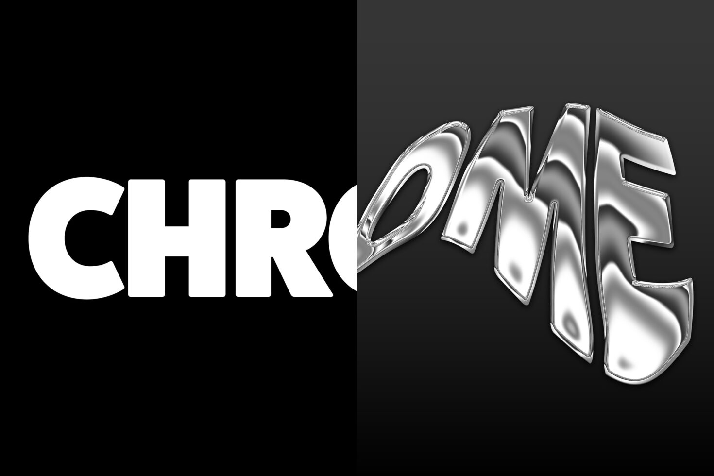 Split typography image showcasing bold CHROME text with a glossy liquid metal effect on a black background. Ideal for font design mockups templates.